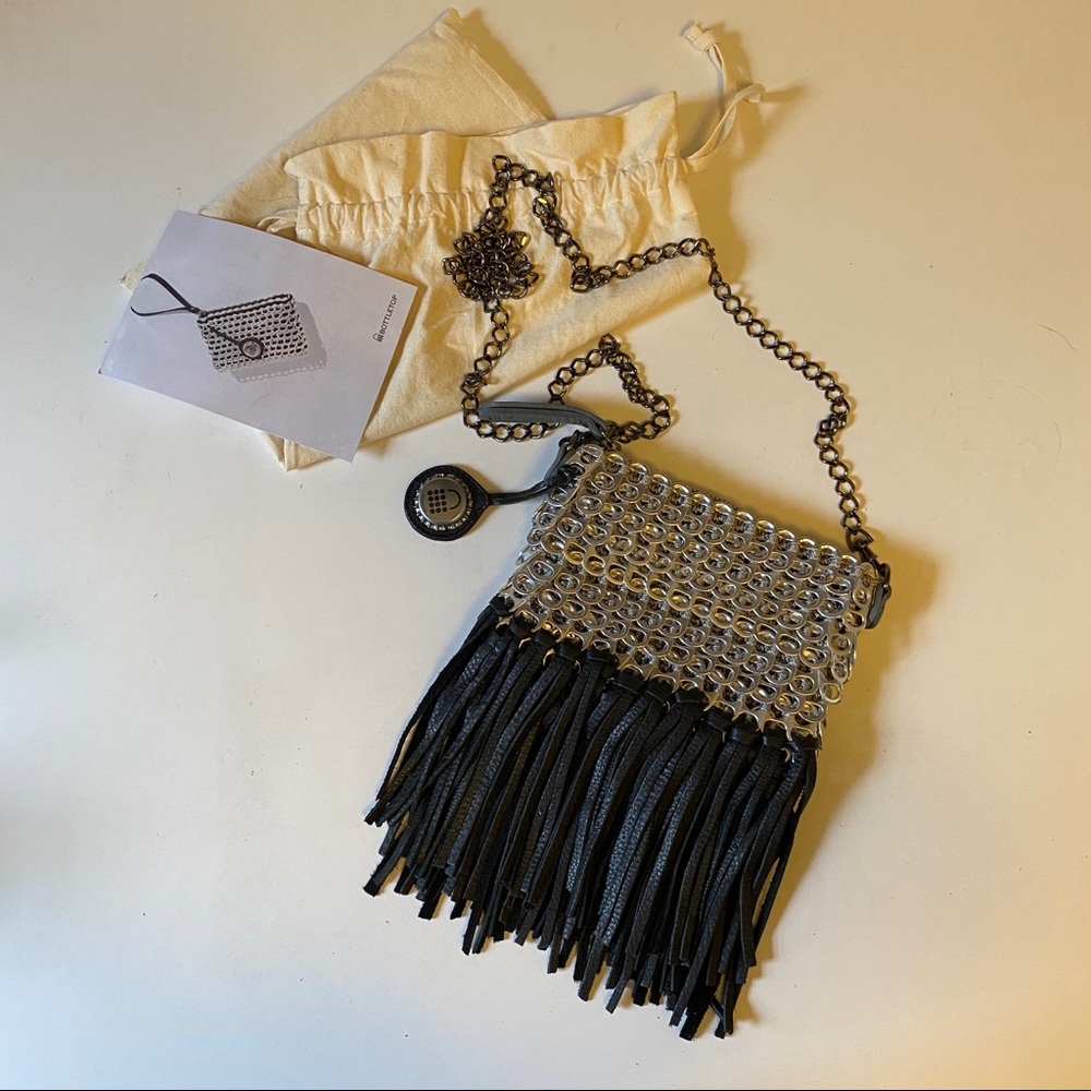 Bottletop sustainable leather fringe crossbody bag